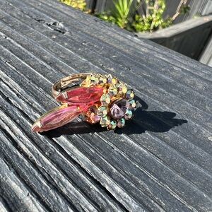 Vintage Pink Rhinestone Cocktail Ring Floral Cluster Adjustable AB